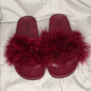 Burgundy fur slides